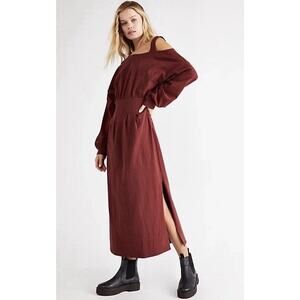 FREE PEOPLE FP BEACH Sz Small IBIZA MIDI DRESS IN Burgundy Recycled Cotton Indie